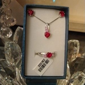 Sterling Silver Heart Necklace, Earring and Ring Set